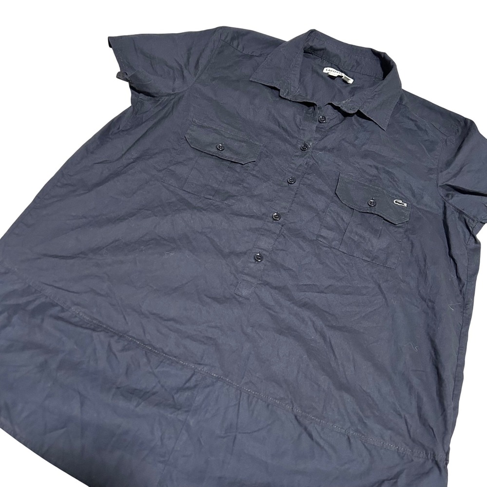 Lacoste Short Sleeve Button Up  Womens M 38 Navy Blue Logo Pockets Peplum Hem